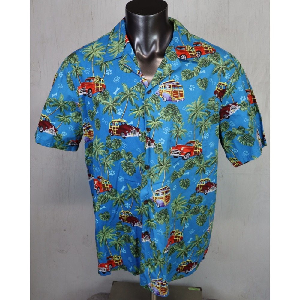 Mens RJC Hawaiian‎ Shirt Size 2XL Button Front Shirt Blue Vintage Cars & Dogs K9